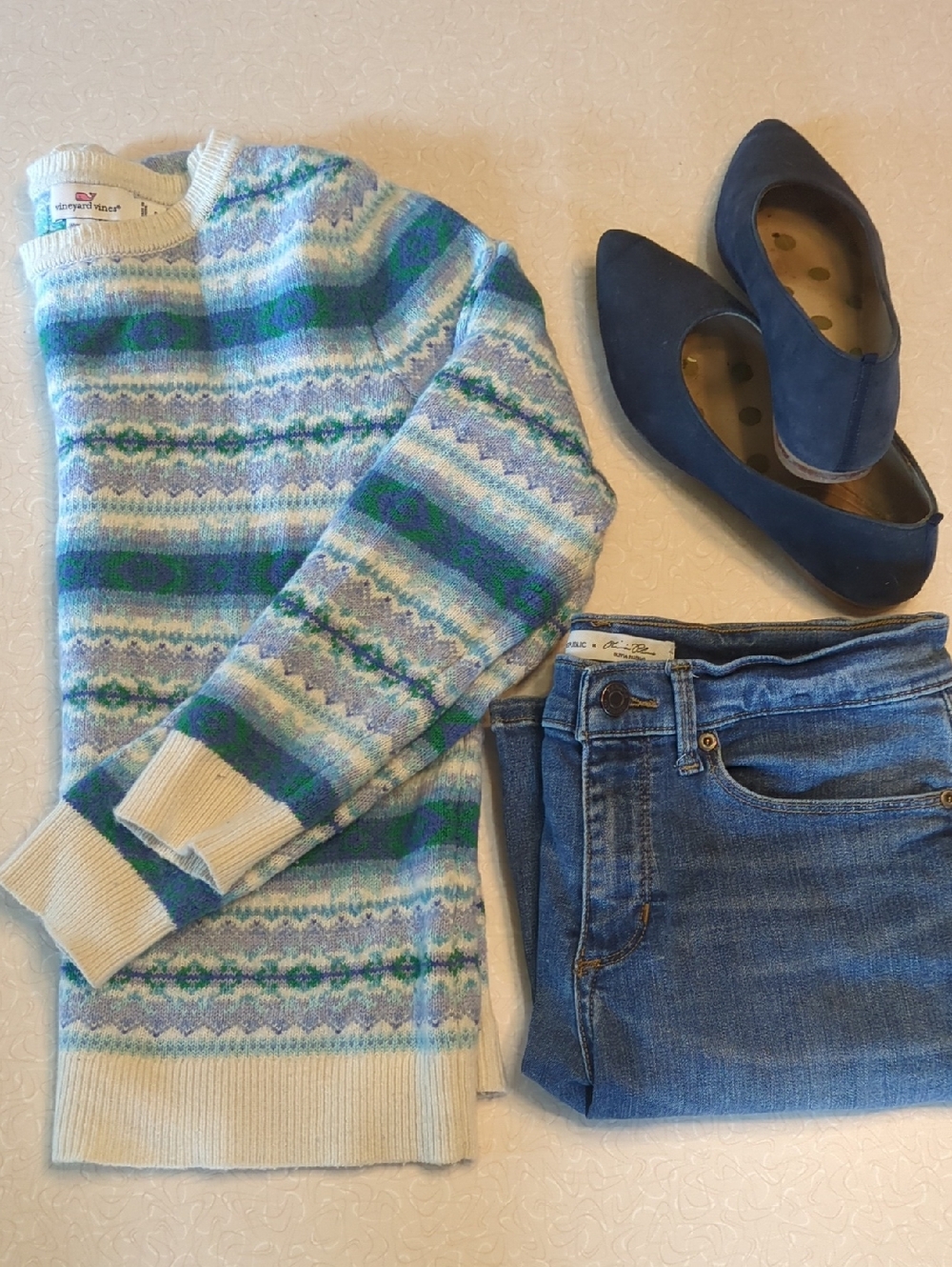 Women's Blue Striped Fair Isle Sweater - Lightweight Knit